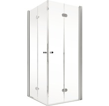 Eckdusche mit klaren Glaswänden und silberfarbenen Rahmen