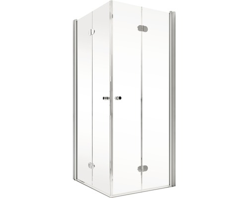 Eckdusche mit klaren Glaswänden und silberfarbenen Rahmen