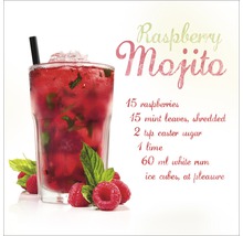 Rezept für Himbeer Mojito mit Zutaten und Glas gefüllt mit Himbeeren, Minze und Eiswürfeln