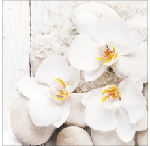 Drei weiße Orchideenblüten auf weißen Kieselsteinen und Badesalz