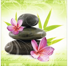 Stapel aus Steinen mit Frangipani-Blüten und Bambusblättern