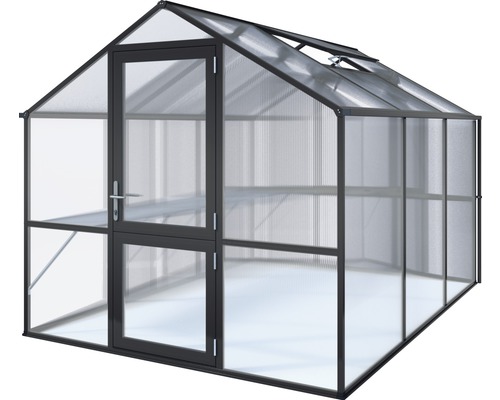Gewächshaus mit Tür und Regalen