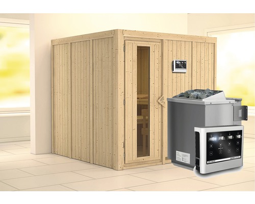 Elementsauna Karibu Rondina inkl. 9 kW Bio Ofen u.ext.Steuerung ohne Dachkranz mit Holztüre und Isolierglas wärmegedämmt