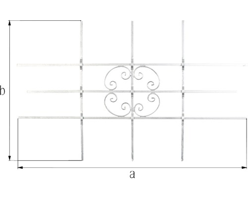 Fenstergitter mit dekorativem Muster und Größenangaben