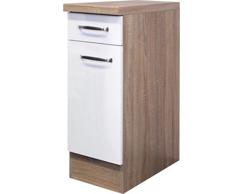 Unterschrank Flex Well Valero weiß glänzend/Sonoma Eiche 30x86x60 cm mit Drehtür Unterschrank mit zwei Schubladen und Holzoptik