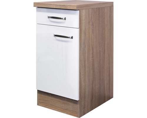 Unterschrank Flex Well Valero weiß glänzend/Sonoma Eiche 40x86x60 cm mit Drehtür Unterschrank mit zwei Schubladen