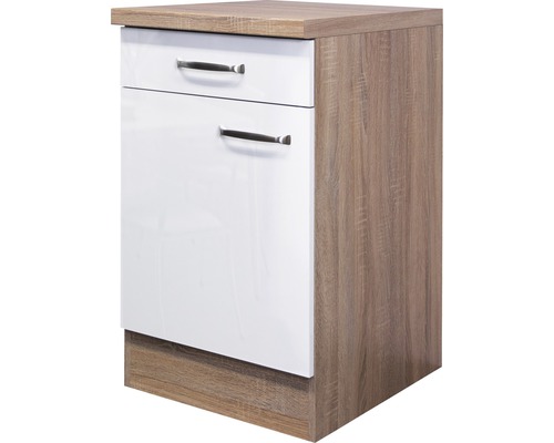 Unterschrank Flex Well Valero weiß glänzend/Sonoma Eiche 50x86x60 cm mit Drehtür Unterschrank mit Schublade und Tür in Holzoptik und Weiß