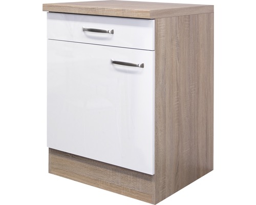 Unterschrank Flex Well Valero weiß glänzend/Sonoma Eiche 60x86x60 cm mit Drehtür Unterschrank mit Schublade und Tür für Küche oder Bad