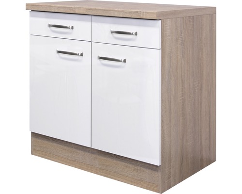 Unterschrank Flex Well Valero weiß glänzend/Sonoma Eiche 80x86x60 cm mit Drehtür Unterschrank mit zwei Schubladen und zwei Türen