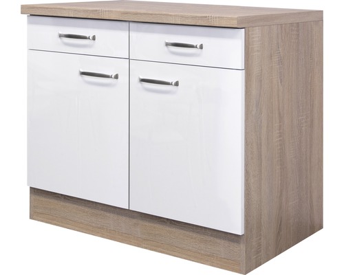 Unterschrank Flex Well Valero weiß glänzend/Sonoma Eiche 100x86x60 cm mit Drehtür Unterschrank mit zwei Türen und zwei Schubladen