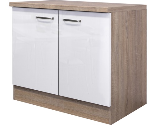 Spülenunterschrank Flex Well Valero weiß hochglanz 100x86x60 cm mit Drehtür Unterschrank mit zwei Türen und Metallgriffen