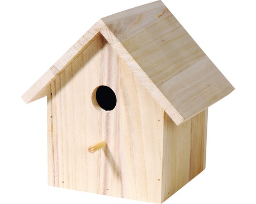 Vogelhaus aus Holz mit rundem Einflugloch und Sitzstange