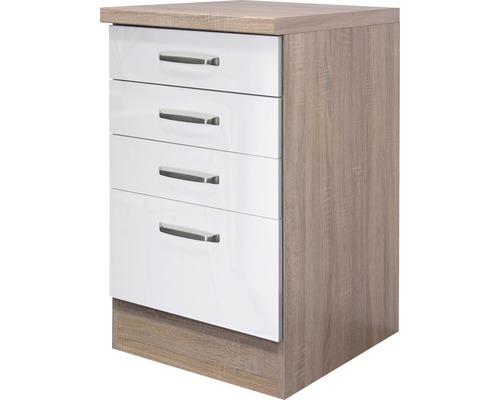 Unterschrank Flex Well Valero weiß glänzend/Sonoma Eiche 50x86x60 cm mit 4 Laden Nachtschrank mit vier Schubladen in Holzoptik und Weiß