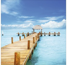 Holzsteg mit Strohdachpavillon auf dem Wasser