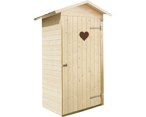 Holztoilette mit Herzfenster in der Tür