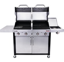 Gasgrill mit zwei Grillflächen und Seitenbrenner, Ablageflächen links und rechts, Unterschrank mit zwei Türen, Marke Char-Broil.