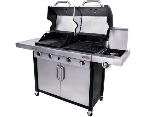 Gasgrill mit zwei Grillflächen, Seitentisch und Unterschrank