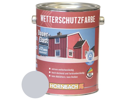 HORNBACH Holzfarbe Wetterschutzfarbe silbergrau 2,5 L Wetterschutzfarbe im Metalleimer mit Farbbeispiel und Blauer Engel Umweltzeichen sowie Hornbach Logo