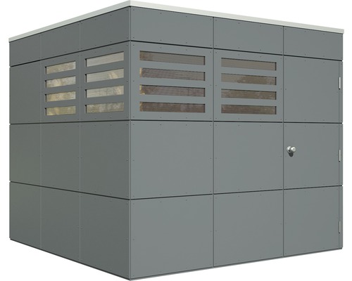 Grauer Geräteschuppen mit Tür und Fenstern