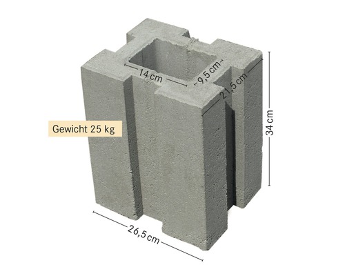 Pfostenfundamentstein 34 cm x 26,5 cm x 21,5 cm Grauer Pflanzstein mit den Maßen 34 cm Höhe, 26,5 cm Länge und 25 kg Gewicht
