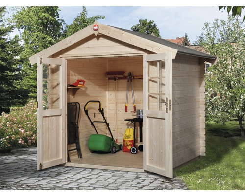 Gartenhaus weka inkl. Fußboden Unterkonstruktion 200 x 200 cm Gartenhaus aus Holz mit geöffneten Doppeltüren und Gartengeräten