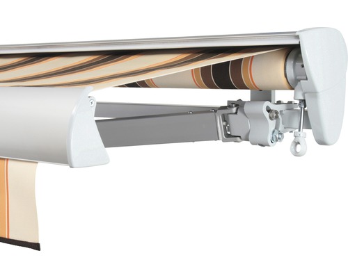 SOLUNA Halbkassettenmarkise Classic 4x2 Stoff Dessin 0842 Gestell E6EV1 silber eloxiert Antrieb rechts inkl. Kurbel