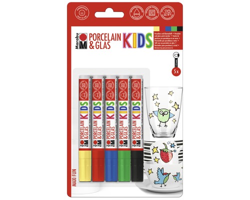 Marabu KiDS Porcelain & Glas Marker Maxi Fun 5x 1-3 mm Marabu Porzellan und Glasmalstifte für Kinder, 5 Stück, zur Dekoration von Porzellan und Glas