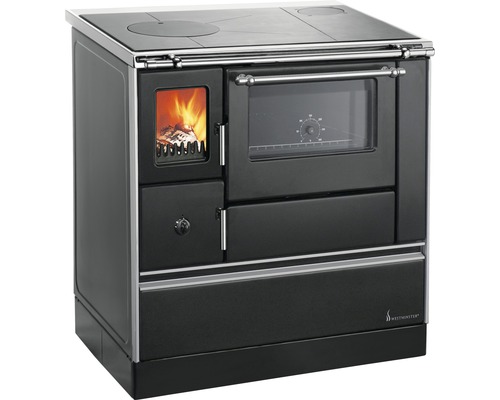 Festbrennstoffherd Westminster K176FA-90 schwarz Backofen rechts mit Stahlplatten-Kochfeld Holzherd mit Kochfeld und Backofen