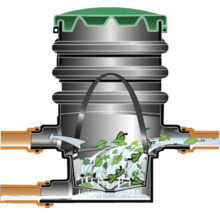 Grafische Darstellung eines Regenwasserfilters mit Blättern und Wasserfluss