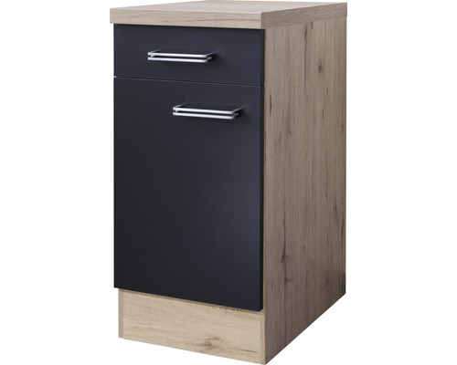 Unterschrank Flex Well Santo Anthrazit/San Remo Eiche hell 40x86x60 cm mit Drehtür Unterschrank mit zwei Schubladen und Griffen