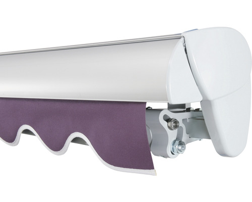 Markise mit violettem Stoff und weißen Kanten