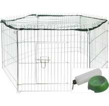 Tierlaufstall aus Draht mit Netzabdeckung, Trinkflasche und Futternapf