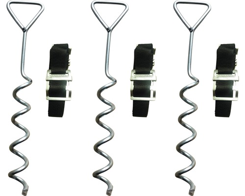 Drei Erdanker mit Spannriemen zur Befestigung im Boden