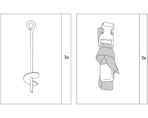 Abbildung von drei Erdnägeln und drei Spanngurten
