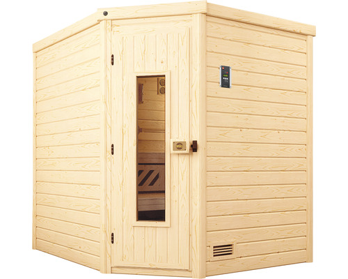 Holzsauna mit Glastür und Steuerungselement