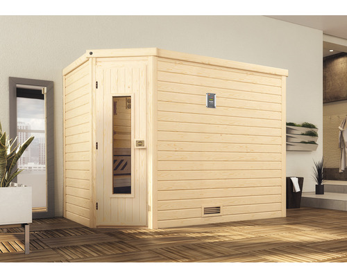 Massivholzsauna Weka Turku Eck Gr.3 inkl. 7,5 kW Bio Ofen mit digitaler Steuerung und Holztüre mit Isolierglas wärmegedämmt