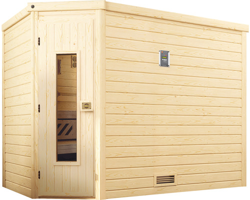 Holzsauna mit Steuerungselement und Glastür