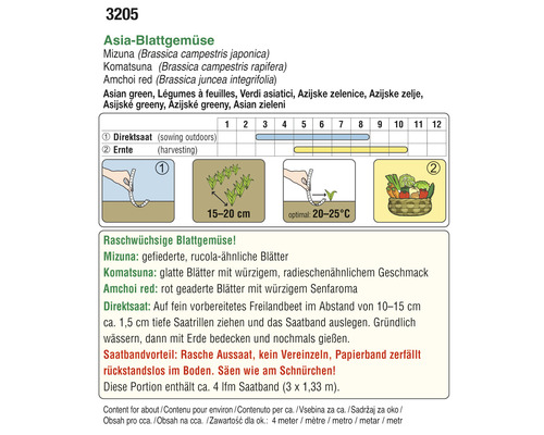 Informationen zu asiatischem Blattgemüse wie Mizuna, Komatsuna und Amchoi Red mit Anweisungen zur Aussaat und Ernte