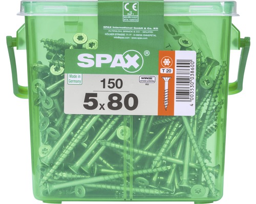 Spax Universalschraube Senkkopf Stahl gehärtet T 20, Holz-Teilgewinde 5x80 mm, 150 Stück in Henkelbox