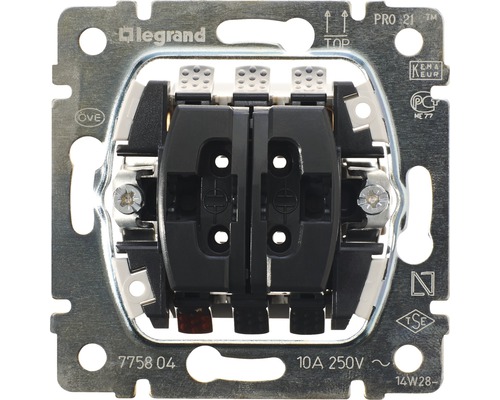 Jalousieschalter-Einsatz Legrand 775804 Legrand Logo. Geräteeinsatz eines Wechselschalters mit den Symbolen OVE, KEMA Keur, PC ME 77, TSE.