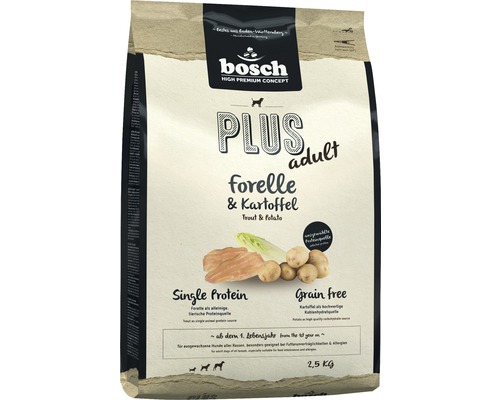 Hundefutter trocken Bosch Plus adult Forelle & Kartoffel 2,5 kg Bosch Plus Adult Hundefutter mit Forelle und Kartoffel, 2,5 Kilogramm