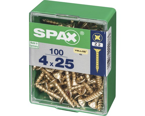 Spax Schrauben 4 mal 25 Millimeter, 100 Stück in Kunststoffverpackung