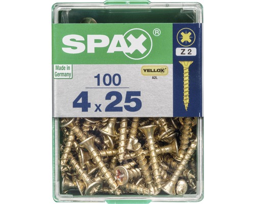 Spax Universalschraube Kreuzschlitz PZ 2, Senkkopf, Holz-Vollgewinde, 4x25 mm, 100 Stück Spax Universalschraube Kreuzschlitz PZ 2, Senkkopf, Holz-Vollgewinde, 4x25 mm, 100 Stück