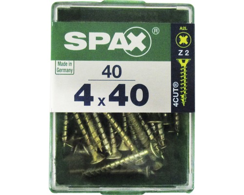 Spax Universalschraube Kreuzschlitz PZ 2, Senkkopf, Holz-Vollgewinde, 4x40 mm, 40 Stück Spax Universalschraube Kreuzschlitz PZ 2, Senkkopf, Holz-Vollgewinde, 4x40 mm, 40 Stück