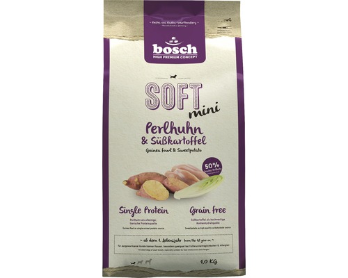 Hundefutter trocken Bosch Soft Mini Perlhuhn & Süßkartoffel 1 kg Bosch Soft Mini Perlhuhn und Süßkartoffel Hundetrockenfutter in einer 1 Kilogramm Verpackung