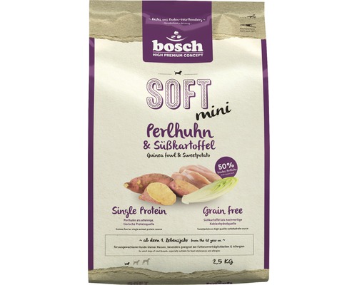 Hundefutter trocken Bosch Soft Mini Perlhuhn & Süßkartoffel 2,5 kg Bosch Soft Mini Hundefutter mit Perlhuhn und Süßkartoffel in 2,5 Kilogramm Packung