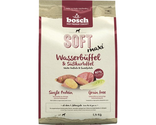 Hundefutter trocken Bosch Soft Maxi Wasserbüffel & Süßkartoffel 2,5 kg Bosch Soft Maxi Wasserbüffel und Süßkartoffel Hundetrockenfutter im 2,5 Kilogramm Sack