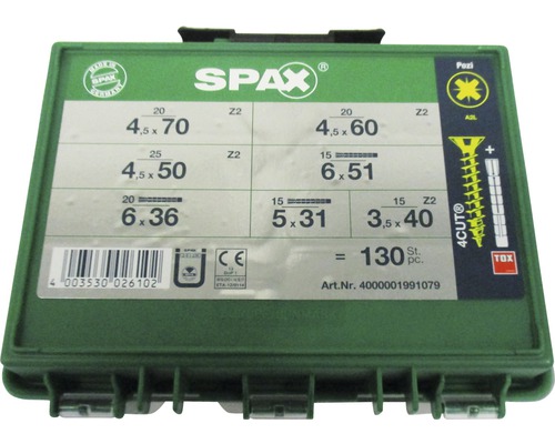 Spax Schrauben Sortiment in grüner Box mit verschiedenen Größenangaben