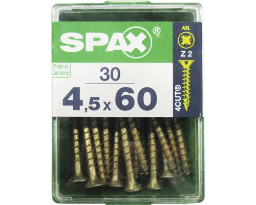 Spax Universalschraube Kreuzschlitz PZ 2, Senkkopf, Holz-Vollgewinde, 4,5x60 mm, 30 Stück Spax Universalschraube Kreuzschlitz PZ 2, Senkkopf, Holz-Vollgewinde, 4,5x60 mm, 30 Stück