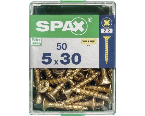 Spax Universalschraube Kreuzschlitz PZ 2, Senkkopf, Holz-Vollgewinde, 5x30 mm, 50 Stück Spax Universalschraube Kreuzschlitz PZ 2, Senkkopf, Holz-Vollgewinde, 5x30 mm, 50 Stück